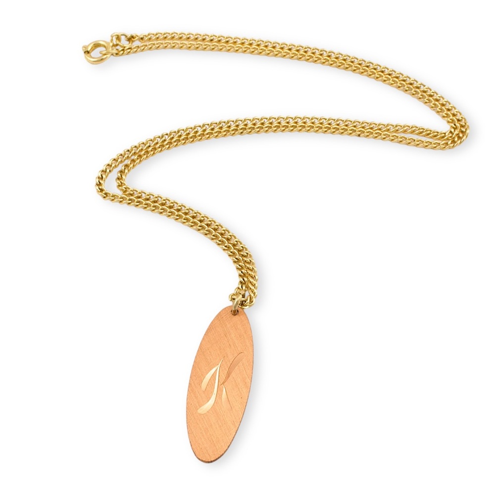 Vintage Letter K Engraved Copper Pendant Necklace Large Oval Gold Plated Chain